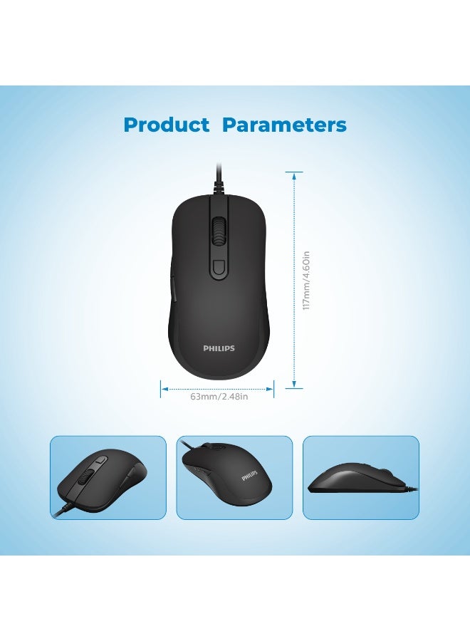 فيليبس ماوس بصري سلكي، دقة قابلة للتعديل حتى 3200 نقطة في البوصة، تصميم مريح مناسب للاستخدام باليدين، منفذ USB للتوصيل والتشغيل لأجهزة الكمبيوتر المحمولة/الشخصية/المكتبية - أسود - Image 3